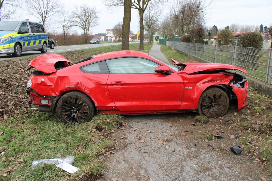 Der Mustang touchierte den Metallzaun und kam im Graben zum Stehen.