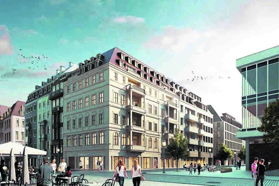 So soll das Quartier einmal aussehen. Hier ein Blick von der Schloßstraße. Rechts die Ecke gehört zum Kulturpalast.