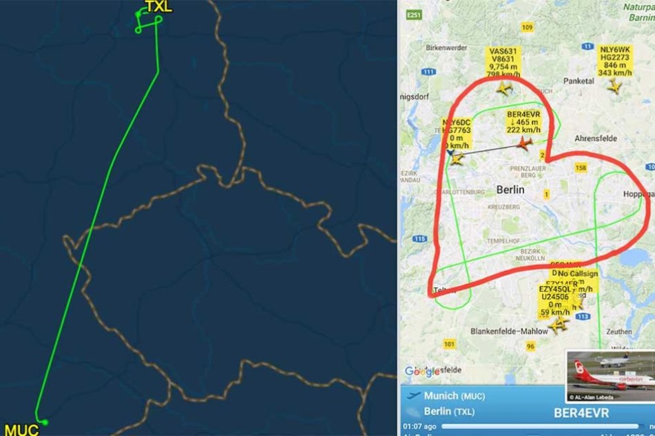 Über Berlin flog der Pilot eine Ehrenrunde in Form eines Herzens.