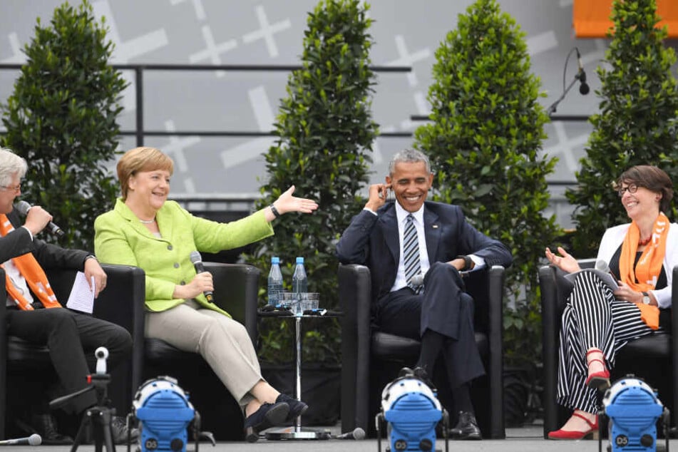 Heinrich Bedford-Strohm, Bundeskanzlerin Angela Merkel, Ex-US-Präsident Barack Obama und Kirchentagspräsidentin Christina Aus der Au (v.l.)