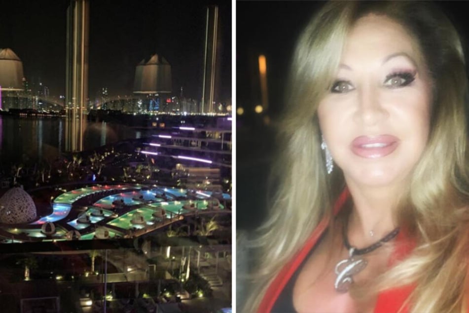 Carmen Geiss genießt den Ausblick in der Rooftop-Bar des "W Hotels" in Dubai.