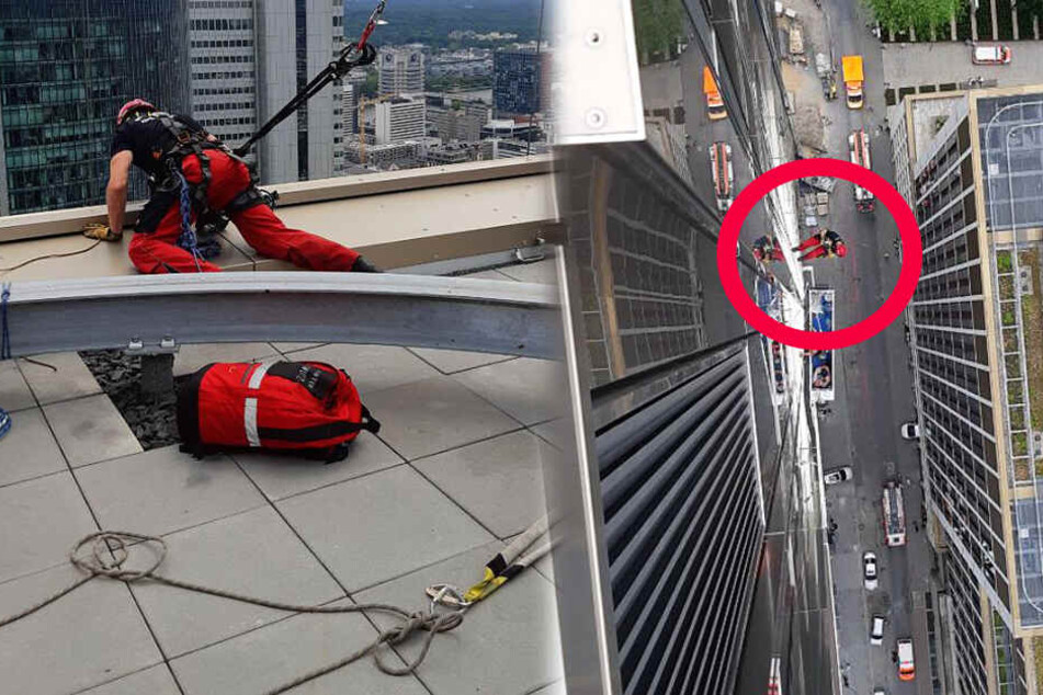 Die Montage zeigt zwei Fotos der Höhenretter der Feuerwehr bei ihrem Einsatz in Frankfurt.
