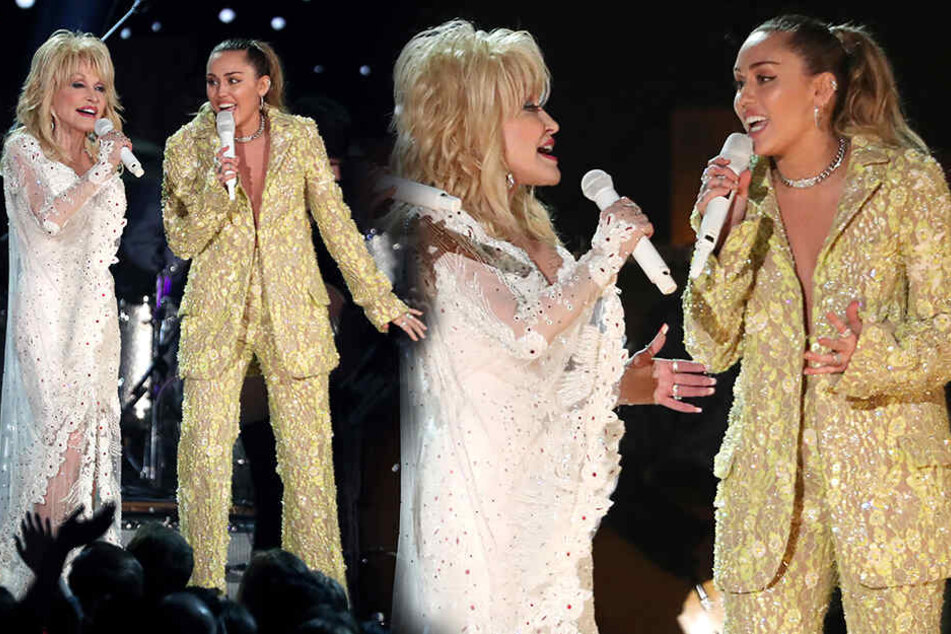 Mit ihrer Patentante Dolly Parton (li.) sang Miley Cyrus den Song "Jolene".