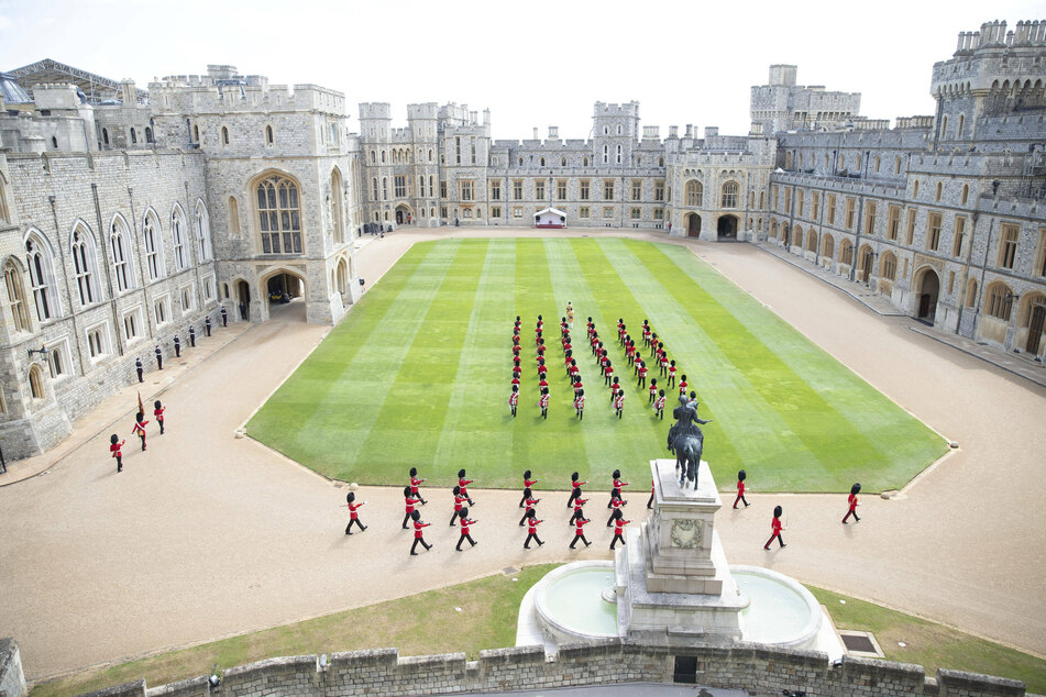 A view of Windsor Castle's inner courtyard, as guards parade for Queen Elizabeth II's birthday in 2020.