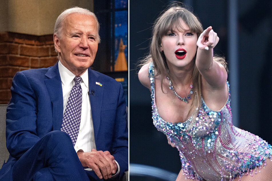 President Joe Biden (l.) responded to conspiracy theories alleging that he is working with pop star Taylor Swift to improve his re-election chances.