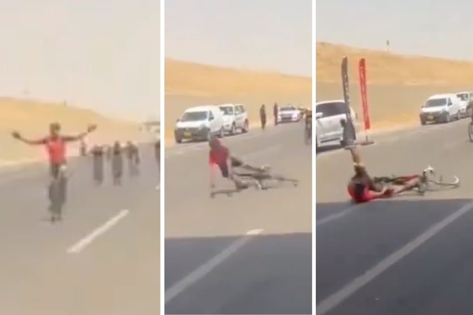 Er hat sich zu früh gefreut. Beim Jubeln kam der Rennradfahrer ins Straucheln und stürzte.