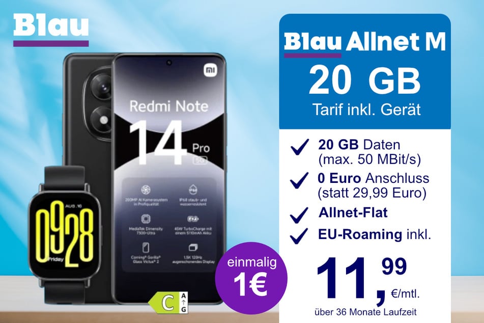 Das Xiaomi Redmi Note 14 Pro + Watch 5 Active im Blau Allnet M für einmalig 1 Euro.