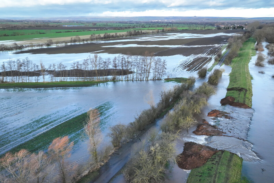 Wassermassen fließen durch die Deichöffnung am Fluss Helme auf die umliegenden Flächen.