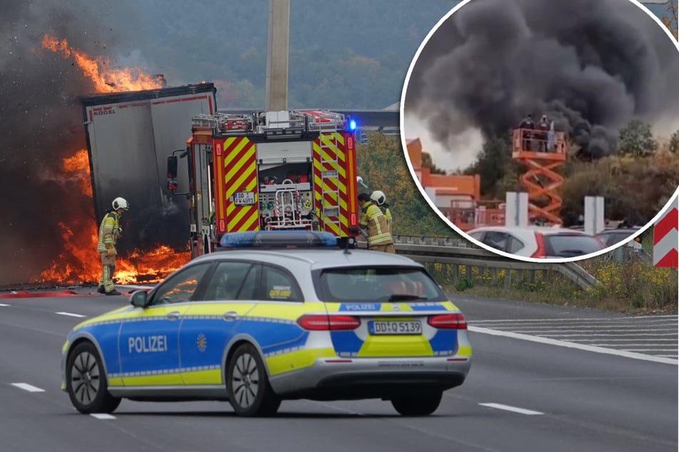 Unfall A4: Lkw auf A4 in Flammen: Riesige Rauchsäule über Dresden