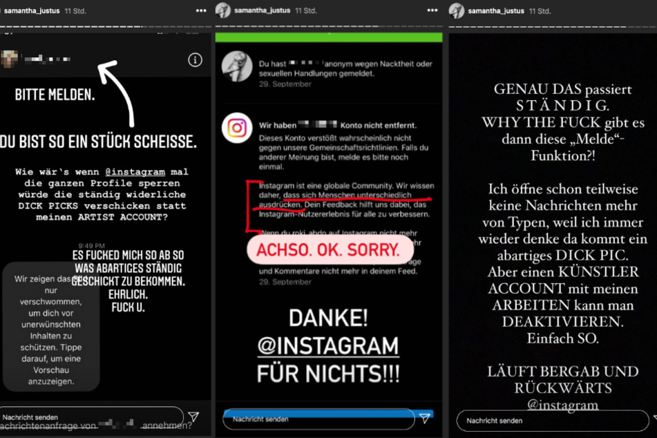 Samantha Justus (30) berichtet von einer sexuellen Belästigung und der Reaktion durch Instagram (Unkenntlichmachung durch TAG24).