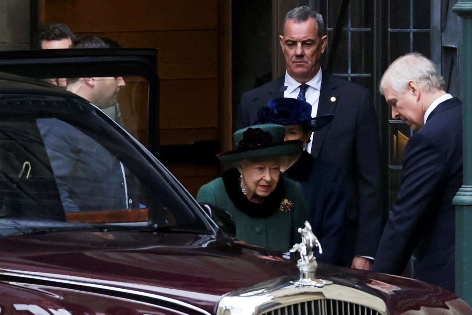 The Queen alongside her son Prince Andrew after a memorial service for her late husband, Philip.
