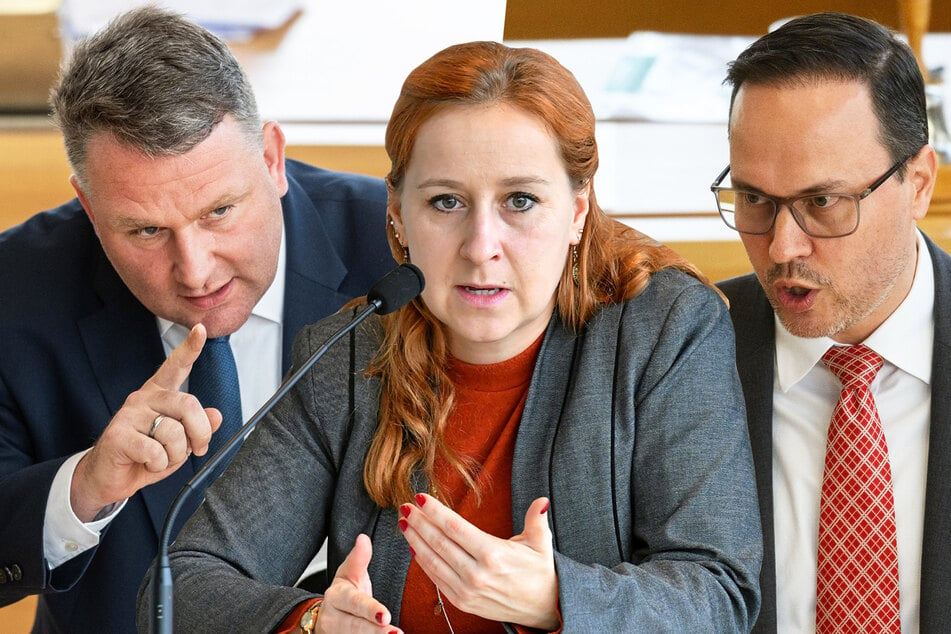 Christian Hartmann (48, CDU, l.). Franziska Schubert (40, Grüne) und Dirk Panter (48, SPD) einigten sich mit anderen auf den Haushalt.