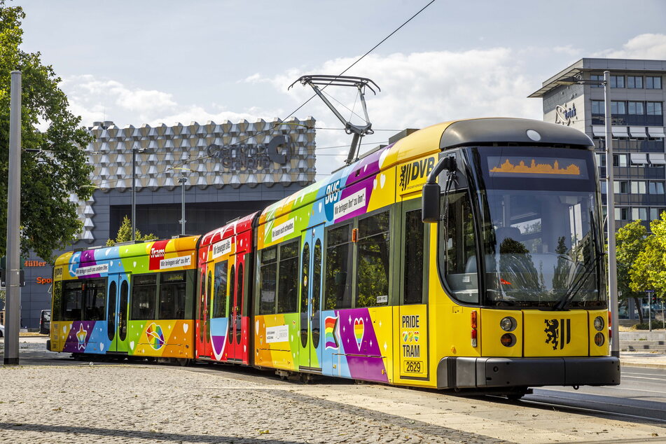 Dresdens erste "Pride Tram": Der bunt beklebte Triebwagen rollt ab sofort auf allen Linien der DVB.