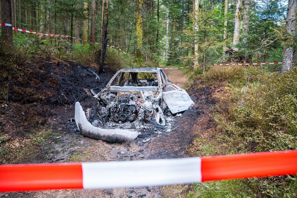 Das Auto wurde im Wald in Brand gesetzt.