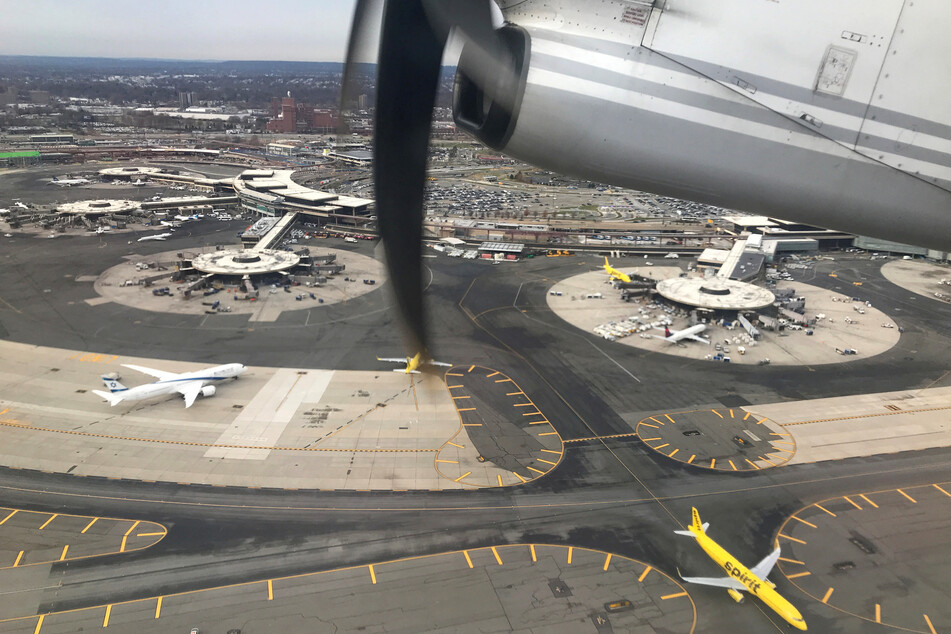 A Spirit Airlines jet taxis from Newark Liberty International Airport in Newark, New Jersey.