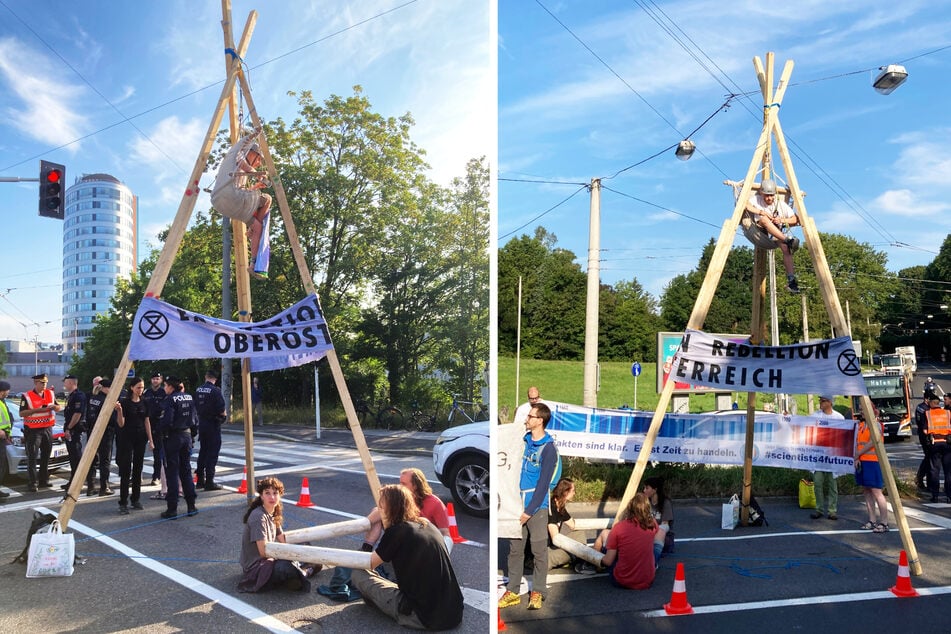 Eine derartige Konstruktion aus drei Holzpfählen gab es zuvor noch nie bei Klima-Demos.