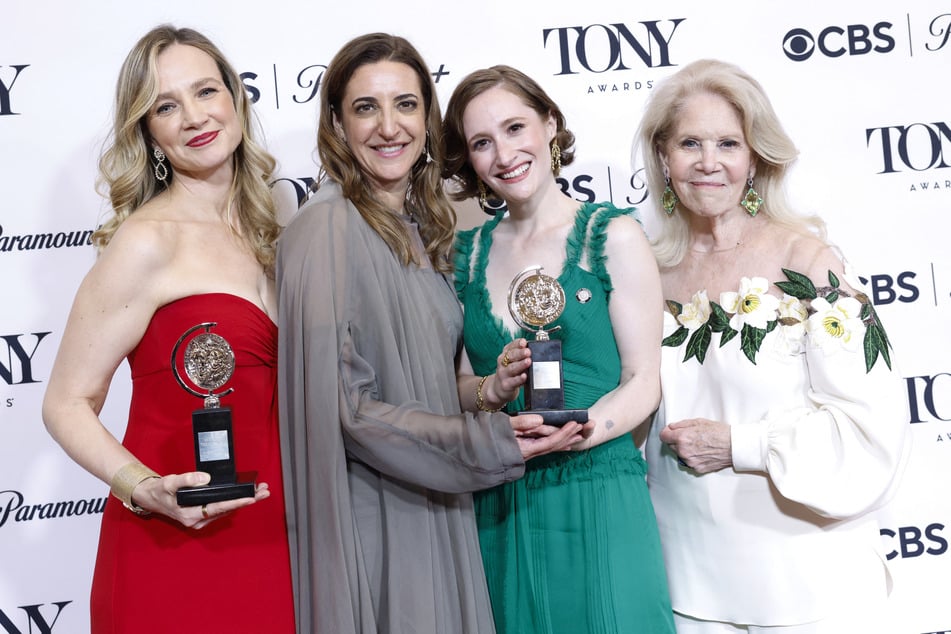 From l. to r.: Playwright Bess Wohl and producers Eva Price, Rachel Sussman, and Daryl Roth pose in the press room with the Best Play award for Liberation during the 79th Annual Tony Awards on June 7, 2026.
