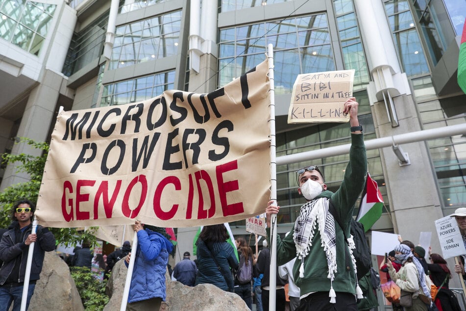 Pro-Palestinian demonstrators protest outside the Microsoft Build conference at the Seattle Convention Center in Washington on May 19, 2025.