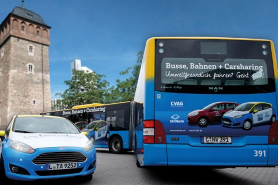 Die CVAG unterstützt die Idee von "teilAuto" und beklebte dafür einen Stadtbus in den Farben des Unternehmens.