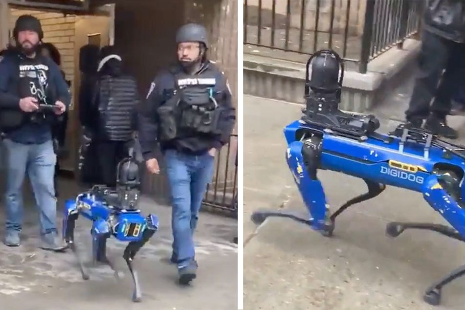 Digidog makes its way out of a building alongside NYPD officers in one of its use-cases with the department.