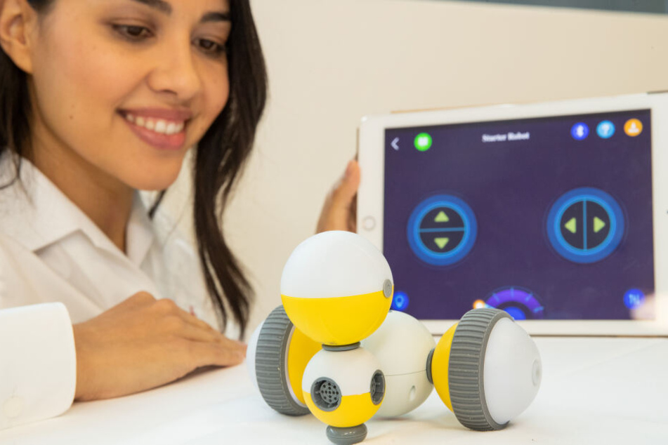 Ein Model präsentiert am den ferngesteuerten Roboter zum Selberbauen von Shenzhen Bell Creative auf der Spielwarenmesse.