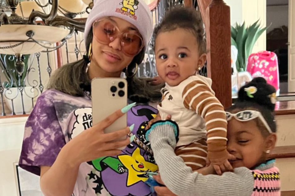 Rapper Cardi B (30) with her children Wave (1) and Kulture (4).