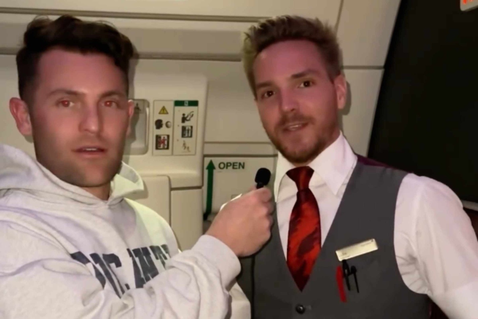 Luke (r) von Virgin Atlantic verriet Nicky Kelvin, was während eines Fluges in seiner Kosmetiktasche nicht fehlt.