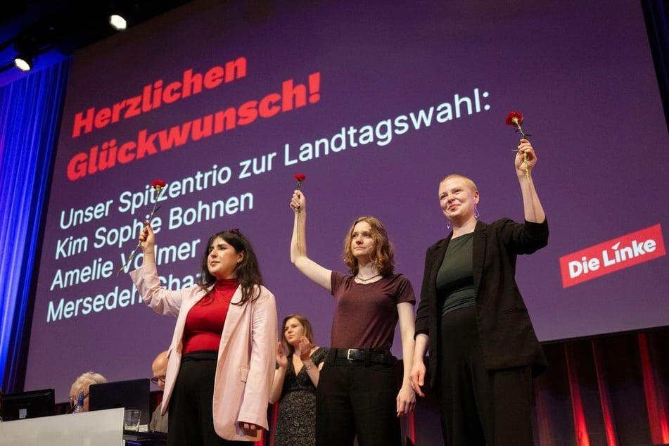 Kim Sophie Bohnen (v.r.n.l.), Amelie Vollmer und Mersedeh Ghazaei treten als Spitzenkandidaten auf der Landesliste der baden-württembergischen Linken an.