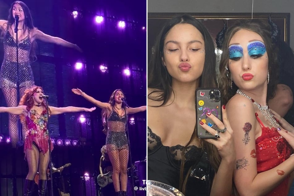 Olivia Rodrigo (c.) treated fans to an extra-special surprise at her latest stop on the GUTS World Tour as she reunited with her former opening act, Chappell Roan!