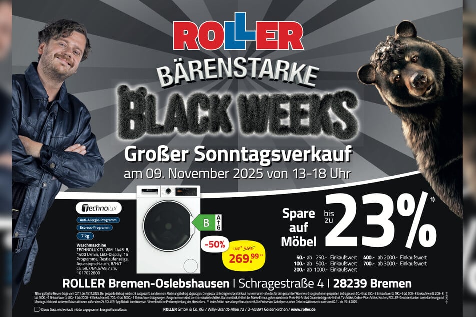 Zur Sonderöffnung (9.11.) bei ROLLER in Bremen-Oslebshausen gibt's Technolux Waschmaschinen satte 50 Prozent günstiger.