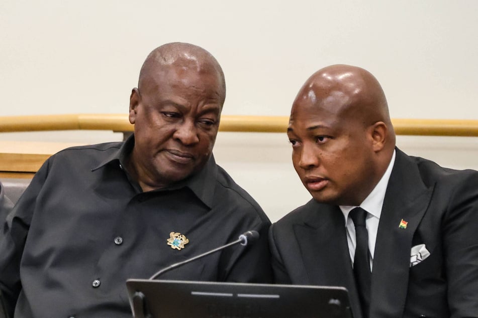 Ghana's President John Dramani Mahama (l.) speaks with Minister for Foreign Affairs Samuel Okudzeto Ablakwa at the United Nations in New York on March 24, 2026.