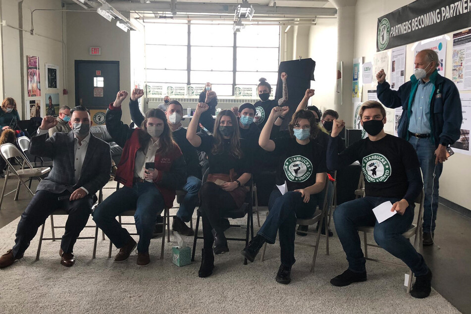 Starbucks partners in Buffalo gather together to watch the results being tabulated in their historic union vote.