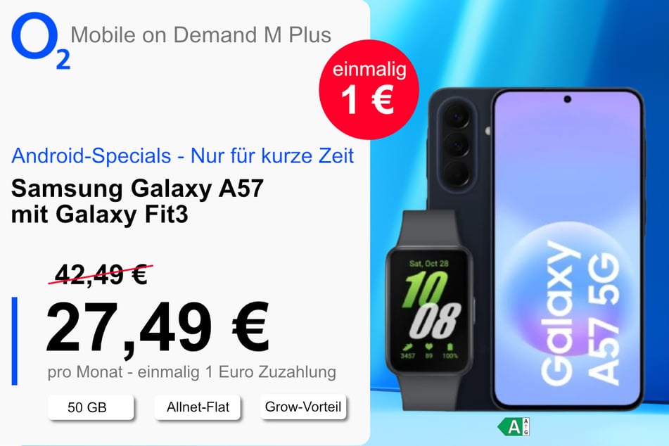 Das Samsung Galaxy A57 mit Galaxy Fit 3 im Bundle für nur 1 Euro bei o2.