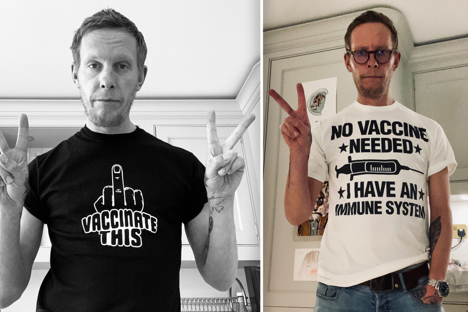 An seinen T-Shirts ist leicht zu erkennen: Laurence Fox (43) hält nicht viel von Corona-Impfstoffen.