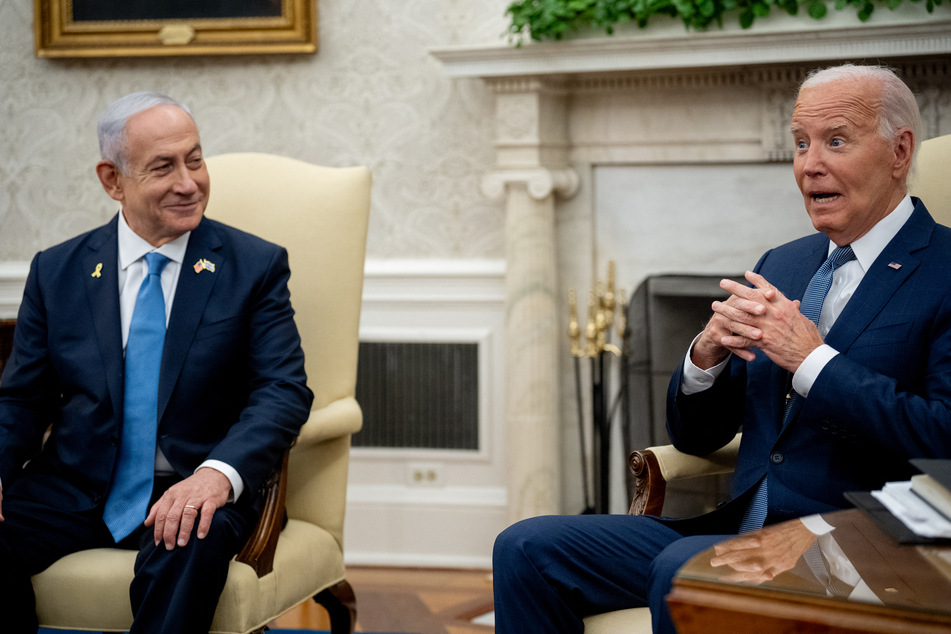 US President Joe Biden (r.) meets with Israeli Prime Minister Benjamin Netanyahu (l.) in the Oval Office at the White House on Thursday in Washington, DC. Netanyahu's visit occurs as the Israel-Hamas war reaches nearly ten months.