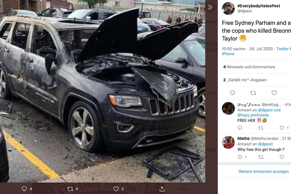 Der ausgebrannte Jeep ist das Werk der betrogenen Sydney Parham.