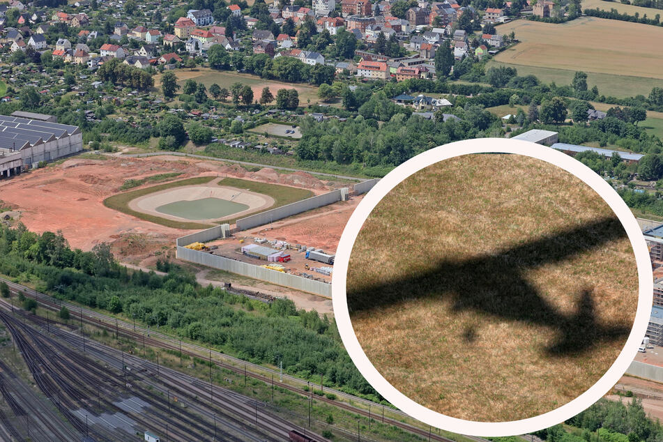 Auch Zwickau-Marienthal mit der Baustelle für das neue Groß-Gefängnis wird in Vogelperspektive abgelichtet.