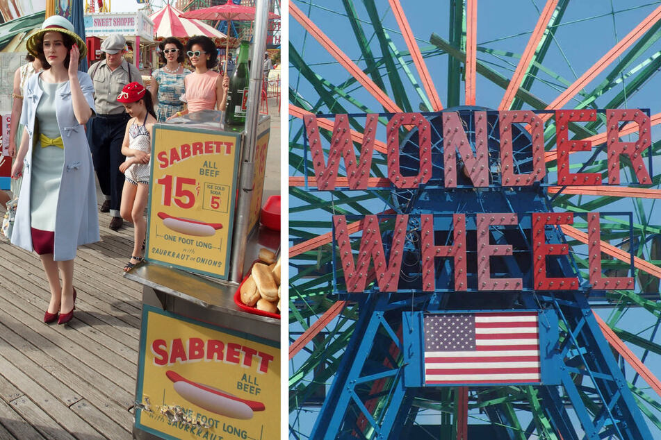 Mrs. Maisel, played by Rachel Brosnahan (l.), and the whole family gets brought up to speed in a brilliant shouting match while riding the Wonder Wheel on Coney Island (r.).