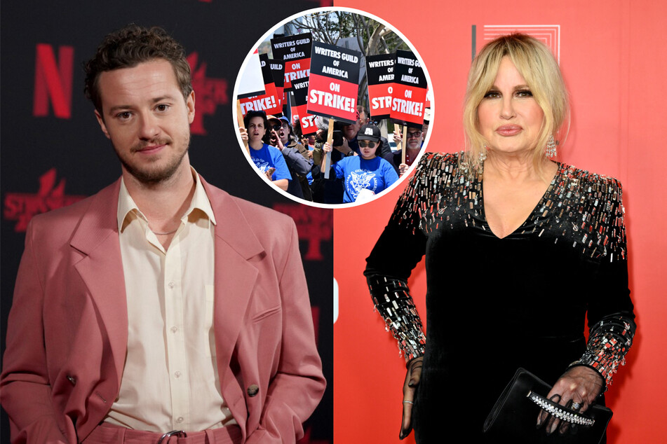 Jennifer Coolidge (r.) and Joseph Quinn (l.) were among the actors who spoke in support of the WGA writers strike during the 2023 MTV Movie and TV Awards.