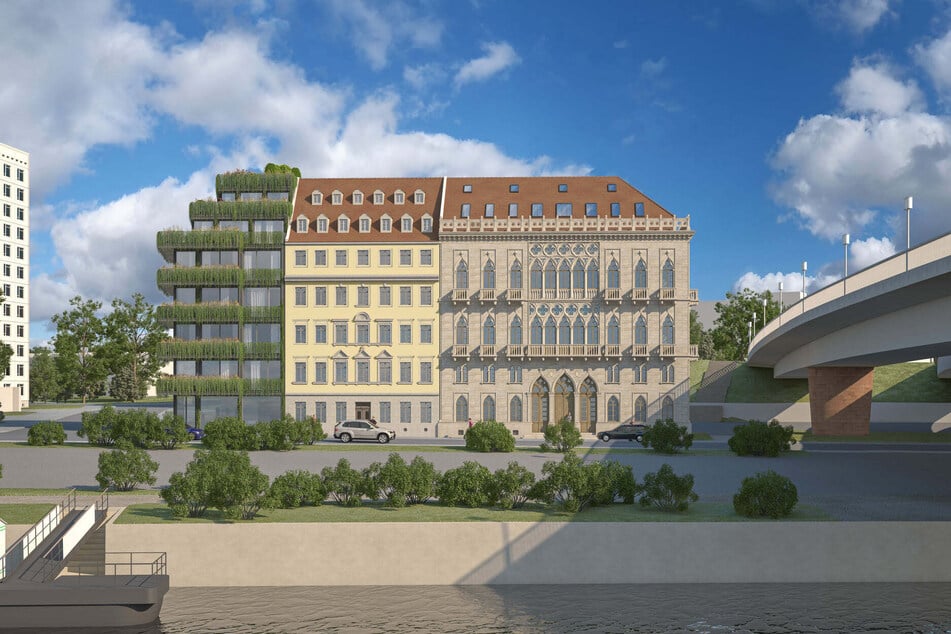 Rechts sind die Ränder der alten Carolabrücke zu sehen: So könnte laut einer früheren Visualisierung einmal das Venezianische Haus mit dem Stadtquartier aussehen.