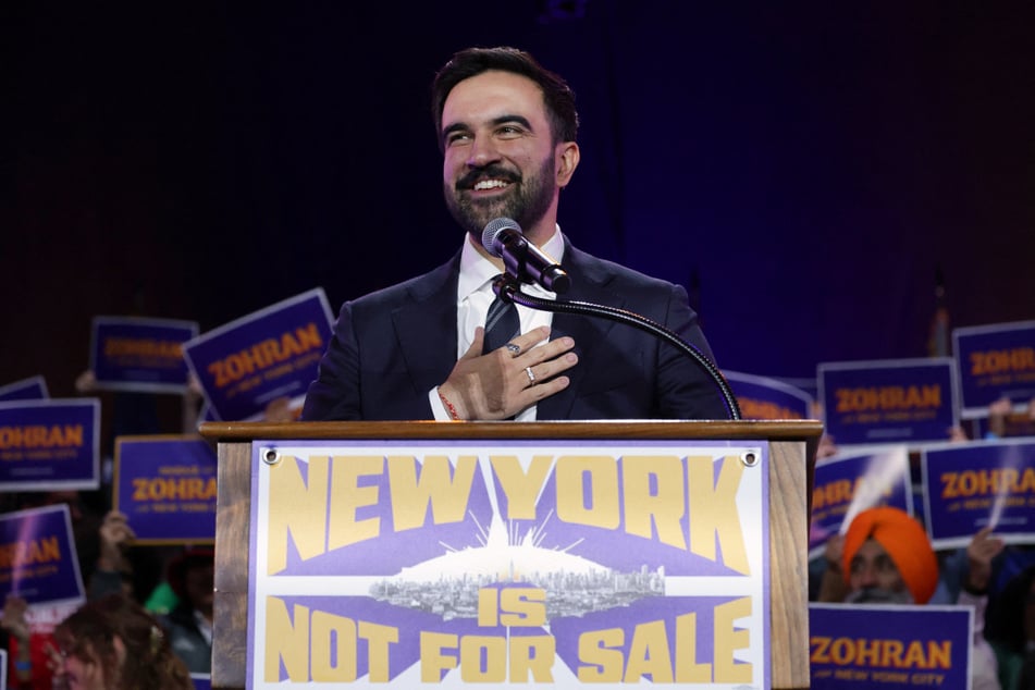 Zohran Mamdani speaks during a campaign rally at Forest Hills Stadium in the Queens on October 26, 2025.