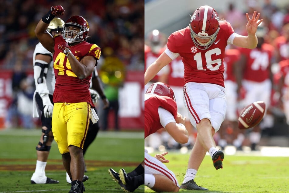 USC Edge Tuli Tuipulotu (l) will enter the 2023 NFL Draft while Alabama's veteran kicker Will Reichard (r) will back out of the NFL Draft and return for a fifth and final year with the Crimson Tide.
