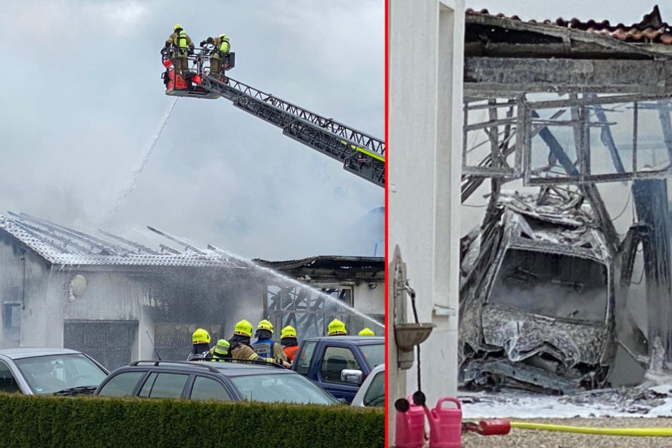 Vom Dach des Gebäudes (links) ist nicht mehr viel übrig. Das Innere der Werkstatt (rechts) ist komplett zerstört. (Bildmontage)