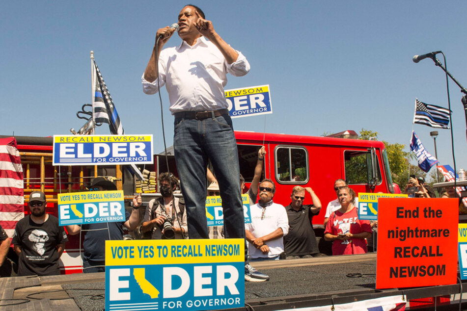 Larry Elder spoke at a rally held by his supporters in Thousand Oaks, California on Monday.