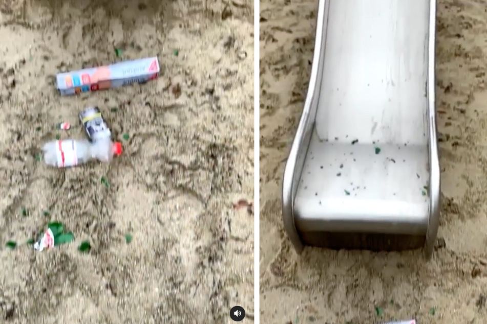 Scherben und anderer Müll liegen vor der Rutsche auf dem Kinderspielplatz. (Bildmontage)