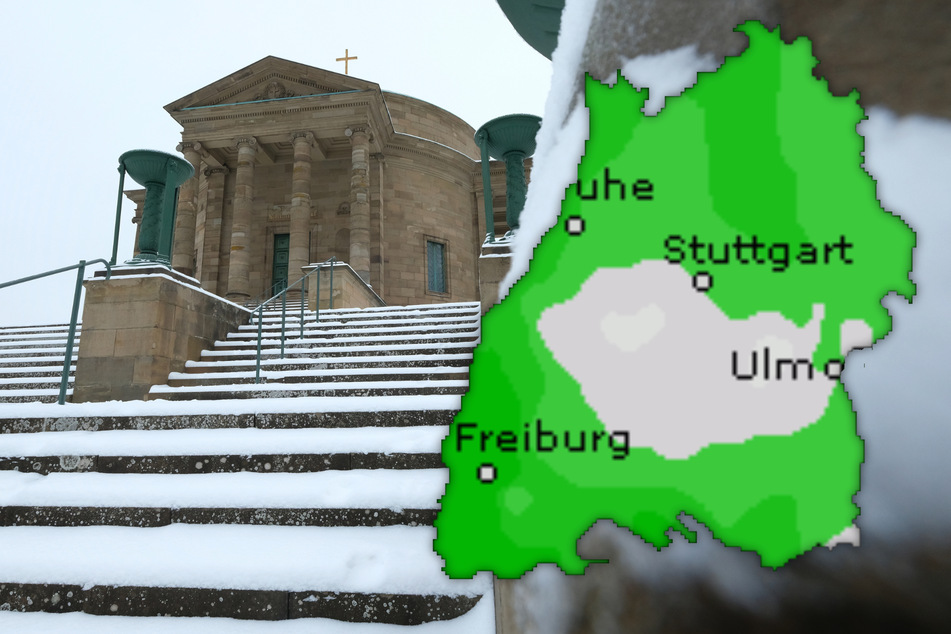 Schnee liegt vor der Grabkapelle auf dem Württemberg.