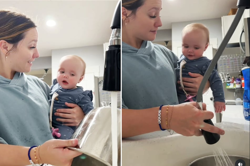 Mama Ku'uipo Dawn ukázala své malé dceři Whinzie Logan poprvé, jak se myje nádobí.