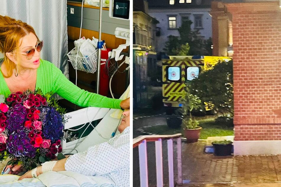 Links: Zora Schwarz besucht Thomas Rademacher in der Uniklinik. Blumen und gute Wünsche begleiten sie. Rechts: Mit dem Rettungswagen wurde der Travestiekünstler am Freitag in die Uniklinik gebracht.