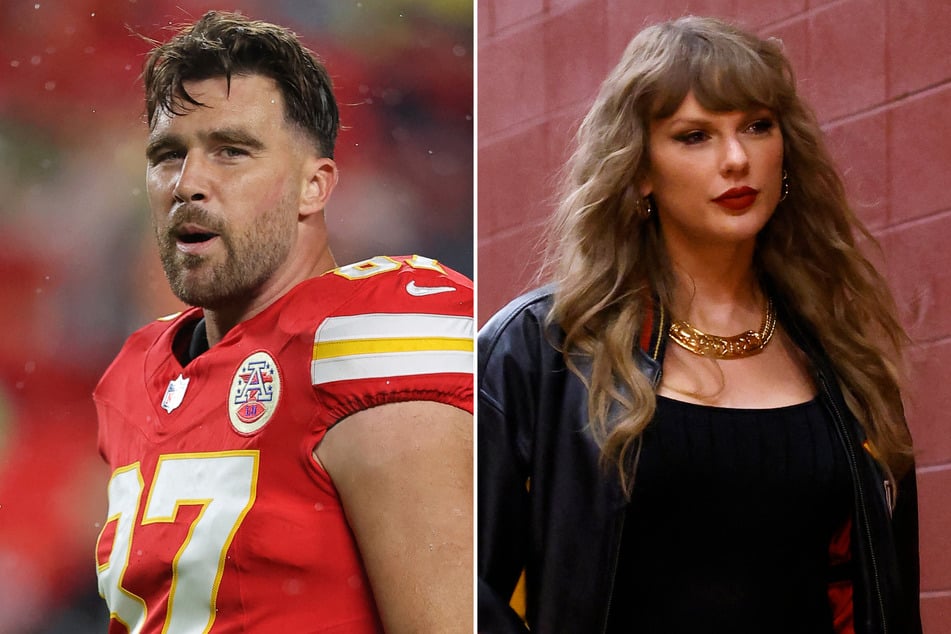 Taylor Swift (r.) stunned in yet another Reputation-coded look for Travis Kelce's Monday Night Football showdown with the Kansas City Chiefs.