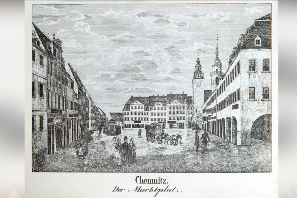 Die Lithografie von 1840 zeigt den Chemnitzer Markt noch mit den alten Laubengängen - das Neue Rathaus war noch nicht errichtet.